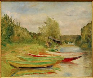 Barques et cabane, bord de Seine