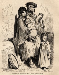 Une famille de danseurs nomades se reposant dans les rues de Séville. Croquis pris sur le vif par Gustave Doré (1832-1883). Gravure pour illustrer le voyage en Espagne, en 1862 par Charles Davillier et Gustave Doré, dans « Le tour du monde, nouveau journal - Gustave Dore