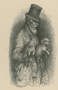 Un homme portant un haut-de-forme tenant deux chiens dans ses mains - Gustave Dore