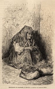 Un marchand de cacahuètes, croquis sur le vif à la Puerta del Sol, à Madrid. Gravure par Gustave Doré (1832-1883) pour illustrer son voyage en Espagne, avec Ch. Davillier (rédacteur), en 1862, publiée dans « Le tour du monde » 1869, éditée par Edouard Char