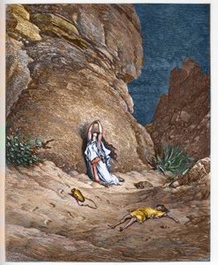 Agar et son fils Ismaël, dans le désert après avoir été chassés par Abraham - gravure dans "La Bible illustrée" par Gustave Doré (1832-1883)