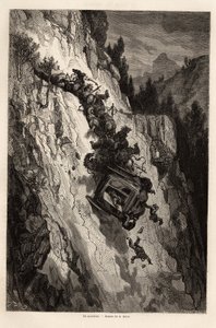 Un accident de diligence, dessin par Gustave Doré (1832-1883), pour illustrer son voyage en Espagne, avec C. Davillier, en 1862. Gravure dans « Le tour du monde », édité par Edouard Charton