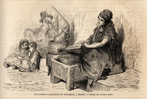 Une marchande de châtaignes en plein air, avec son four portable, croquis sur le vif à la Puerta del Sol, à Madrid. Gravure par Gustave Doré (1832-1883) pour illustrer son voyage en Espagne, avec Ch. Davillier (éditeur), en 1862, publié dans "Le tour du mo