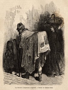 Buhonero, colporteur aragonais. Gravure pour illustrer le voyage en Espagne, par Charles Davillier, en 1862, publié dans "Le tour du monde" 1872, édité par Edouard Charton, édition Hachette, Paris. Collection Selva.