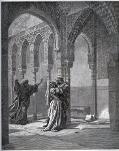 Histoire du captif. Première rencontre du captif avec Zoraïde dans le jardin de son père - de "Don Quichotte de la Manche" par Miguel Cervantes - Gravure sur bois d