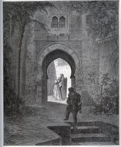 Histoire de captive. Première rencontre de la captive avec Zoraïde dans le jardin du père, qui la ramène après sa feinte malaise - de "Don Quichotte de la Manche" de Miguel Cervantes - Gustave Dore
