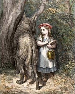 En traversant les bois, le petit chaperon rouge rencontre le loup. Gravure de Gustave Doré (1832-1883) des « Contes » de Charles Perrault (1628-1703)