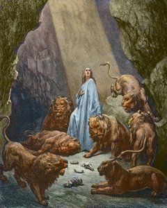 Daniel est jeté dans la fosse aux lions - Daniel dans la fosse aux lions - gravure par Gustave Doré - coloration ultérieure.