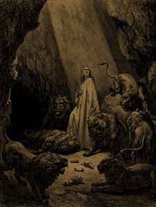 Daniel dans la fosse aux lions, par Doré. - Bible