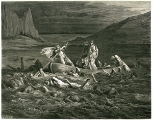 Dante et Virgile naviguent, guidés par le Nocher Phlégias, sur le Styx où des damnés essaient de monter dans le bateau. Gravure de L