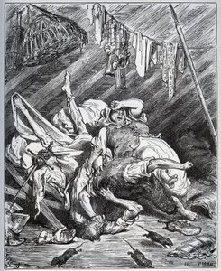 Don Quichotte et un muletier se battant pour Maritornes, la gouvernante, que Don Quichotte prend pour sa Dulcinée - de "Don Quichotte de la Manche" par Miguel Cervantes (1547-1616) - Gravure sur bois d
