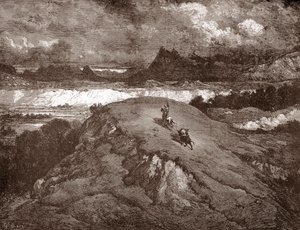 Don Quichotte et Sancho Panza approchant la Sierra Morena, gravure de Gustave Doré pour « L