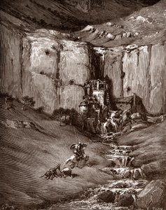Don Quichotte et Sancho Panza voient une cascade et des cabanes bruyantes Gravure par Gustave Doré (1832-1883) pour « L