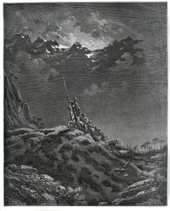 Don Quichotte part en mission pour Dorothée, accompagné de Sancho Panza, du barbier, de Dorothée, du curé et de Cardenio - de "Don Quichotte de la Manche" par Miguel Cervantes (1547-1616) - Gravure sur bois d