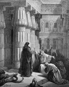 Les Égyptiens pressent Moïse de partir, par Doré. - Bible