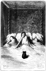 Gravure de Gustave Doré illustrant le roman de Théophile Gautier « Le Capitaine Fracasse ». Édition Charpentier 1863. Dans la résidence du Baron de Sigognac, le « Château de la Misère », une troupe de comédiens a trouvé refuge. Trois actrices se sont endor - Gustave Dore