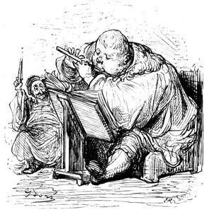 Éducation de Gargantua : le jeune gentilhomme apprend à jouer de la flûte avec son professeur de musique. Gravure de Gustave Doré illustrant l