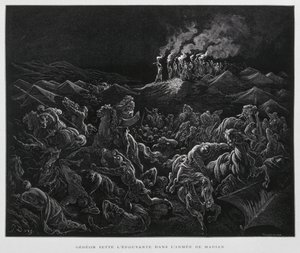Gédéon attaque les Madianites la nuit, Illustration de la Bible de Doré - Gustave Dore