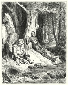 Don Quichotte de Gustave Doré : "Une fontaine claire, que Don Quichotte et Sancho trouvèrent parmi des arbres verdoyants, leur servit à se rafraîchir" - Gustave Dore