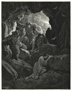 Don Quichotte de Gustave Doré : "Un groupe avec des officiers est envoyé ... qui trouve la pauvre Leandra dans une grotte de l