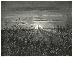 Don Quichotte : "Ami Sancho," dit Don Quichotte, "je trouve que la nuit approchante nous surprendra avant que nous puissions atteindre Toboso" (gravure) - Gustave Dore