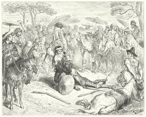 Don Quichotte de Gustave Doré: "Malgré ses armes, il le battit comme une gerbe de blé" (gravure) - Gustave Dore