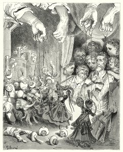 Don Quichotte de Gustave Doré: "Observez quelle vaste compagnie de cavaliers étincelants sort de la ville, à la poursuite des amants chrétiens" (gravure)