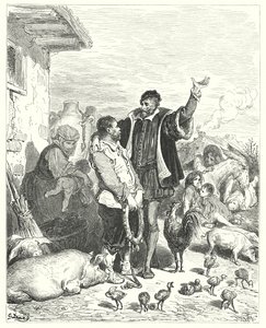 Don Quichotte de Gustave Doré : « Le chevalier lui fit tant de belles promesses que le pauvre niais consentit enfin à le suivre et à devenir son écuyer »