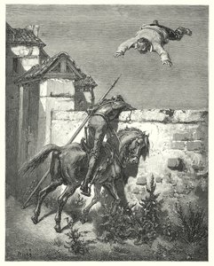 Don Quichotte de Gustave Doré : « Plus il tempêtait, plus ils le lançaient et riaient »