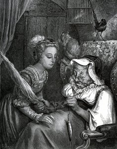 Illustration de Gustave Doré pour un conte de Charles Perrault : La Belle au bois dormant. La princesse va se piquer au fuseau d