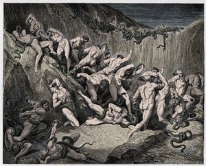 Enfer, Chant 24 : Les voleurs tourmentés par des serpents, illustration de "La Divine Comédie" de Dante Alighieri