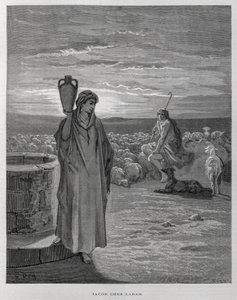 Jacob voit Rachel au puits de la maison de Laban, Illustration de la Bible de Doré