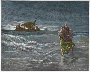 Jésus marchant sur les eaux du lac de Tibériade - Jésus marchant sur la mer - gravure dans « La Bible illustrée » par Gustave Doré (1832-1883) - Gravure de « La Bible de Doré »