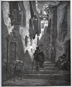 Luscinde envoie un billet à Cardenio - de « Don Quichotte de la Manche » par Miguel Cervantes (1547-1616) - Gravure sur bois d