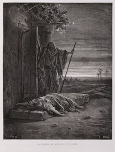 Scandale à Guibea, le Lévite emporte sa concubine morte, Illustration de la Bible de Doré