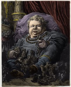 Pantagruel, fils de Gargantua, est nourri par le lait de 4600 vaches - illustration de « Gargantua et Pantagruel » par François Rabelais - gravure de Gustave Doré (1832-1883) - Gustave Dore