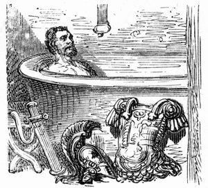 Soldat romain se baignant aux thermes de Bagnères-de-Bigorre : gravure de Gustave Doré illustrant le livre « Voyage aux Pyrénées » de Hippolyte Taine, Hachette 1860. - Gustave Dore