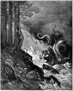 Ruggiero combat le monstre marin (dragon) qui menace Olimpia attachée nue à un arbre, bloque ses mâchoires avec une ancre et sauve Olimpia (chant 11 stance 37) - Gravure de Gustave Doré (1832-1883) illustrant « Roland furieux » (1878) de Ludovico Ariosto - Gustave Dore