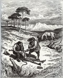 Sancho et le cousin tirent Don Quichotte (endormi) de la grotte de Montesinos - de « Don Quichotte de la Manche » par Miguel Cervantes (1547-1616) - Gravure sur bois d