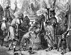 Sindbad le marin - conte des mille et une nuits - illustration de Gustave Doré (détail) - édition Maxwell 1865 - Prologue : un pauvre porteur (Hinbad) se présente devant Sindbad, devenu vieux et riche. Ce dernier va lui raconter...