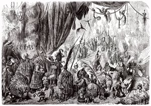 Sindbad le marin - conte des mille et une nuits - illustration de Gustave Doré - édition Maxwell 1865 - Sixième voyage : la cour du roi de Serendib