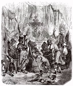 Sindbad le marin - conte des mille et une nuits - illustration de Gustave Doré - édition Maxwell 1865 - Prologue : un pauvre porteur (Hinbad) se présente devant Sindbad, devenu vieux et riche. Ce dernier racontera ses aventures