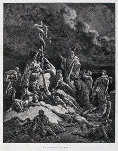 Alors Moïse fit un serpent de bronze et le mit sur un poteau. Nombres 21:7, Illustration de la Bible de Doré