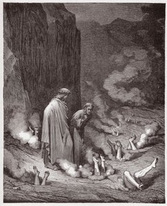 La Divine Comédie, Enfer, Chant 19: Dante réprimande le pape Nicolas III dans la quatrième bolgia - Illustration de Gustave Doré