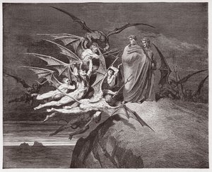 La Divine Comédie, Enfer, Chant 21 : Les démons menacent Virgile (Illustration de Gustave Doré) - Gustave Dore