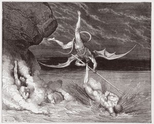 La Divine Comédie, Enfer, Chant 22: Ciampolo échappe au démon Alichino dans la cinquième bolgia - Illustration de Gustave Doré
