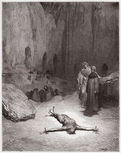 La Divine Comédie, Enfer, Chant 23 : Un pharisien crucifié parmi les hypocrites (Illustration de Gustave Doré)