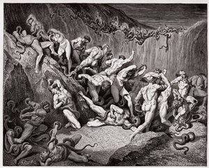 La Divine Comédie, Inferno, Chant 24 : Les voleurs tourmentés par des serpents - par Dante Alighieri (1265-1321) - Illustration de Gustave Doré (1832-1883).