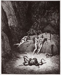 La Divine Comédie, Inferno, Chant 25 : Agnello se transformant en serpent - par Dante Alighieri (1265-1321) - Illustration de Gustave Doré (1832-1883).