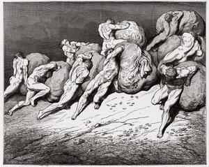 La Divine Comédie, Enfer, Chant 7 : Les âmes des avares et des prodigues forcées de rouler des pierres lourdes (Illustration de Gustave Doré)